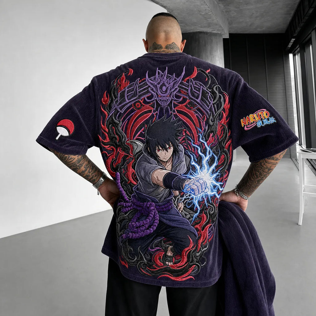 Naruto Unisex Oversized Anime-Print Vertical-Stripe Short-Sleeve T-Shirt