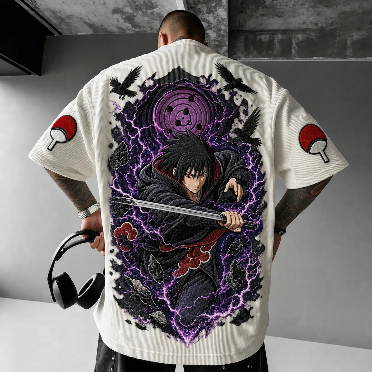 Naruto Unisex Oversized Anime-Print Vertical-Stripe Short-Sleeve T-Shirt
