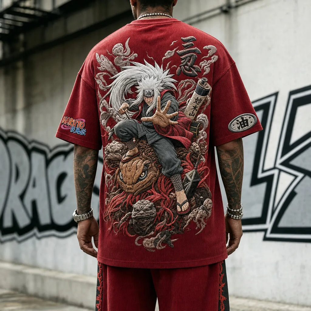 Naruto Unisex Oversized Anime-Print Vertical-Stripe Short-Sleeve T-Shirt