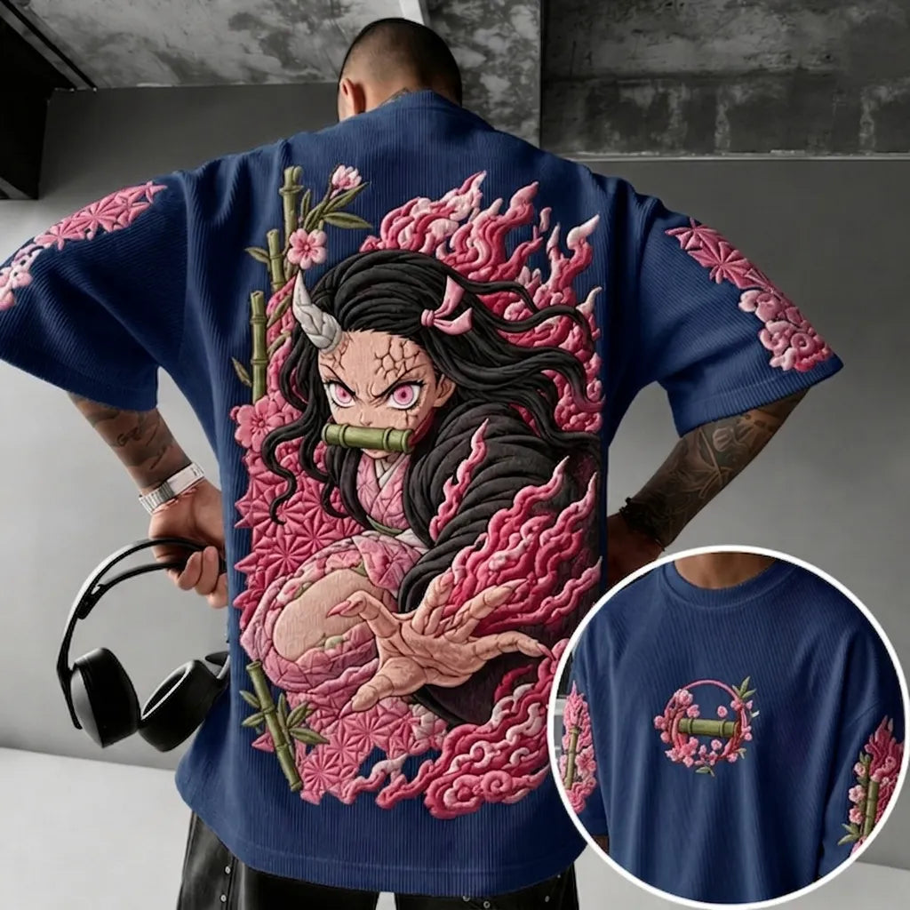 Demon Slayer Unisex Anime-Style Retro Corduroy Oversized T-Shirt