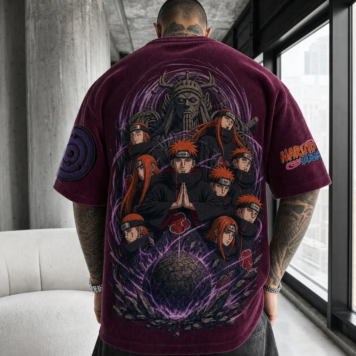 Naruto Unisex Oversized Anime-Print Vertical-Stripe Short-Sleeve T-Shirt