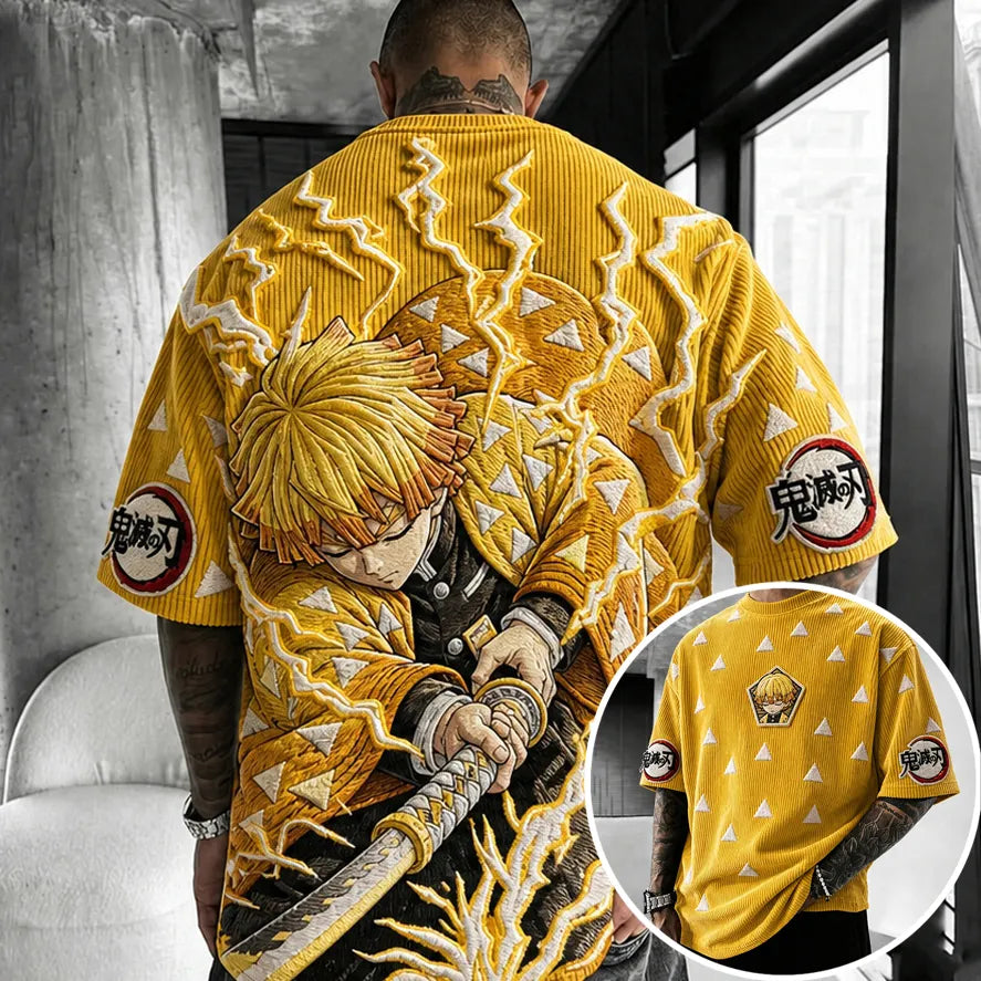Demon Slayer Unisex Oversized Anime-Print Vertical-Stripe Short-Sleeve T-Shirt