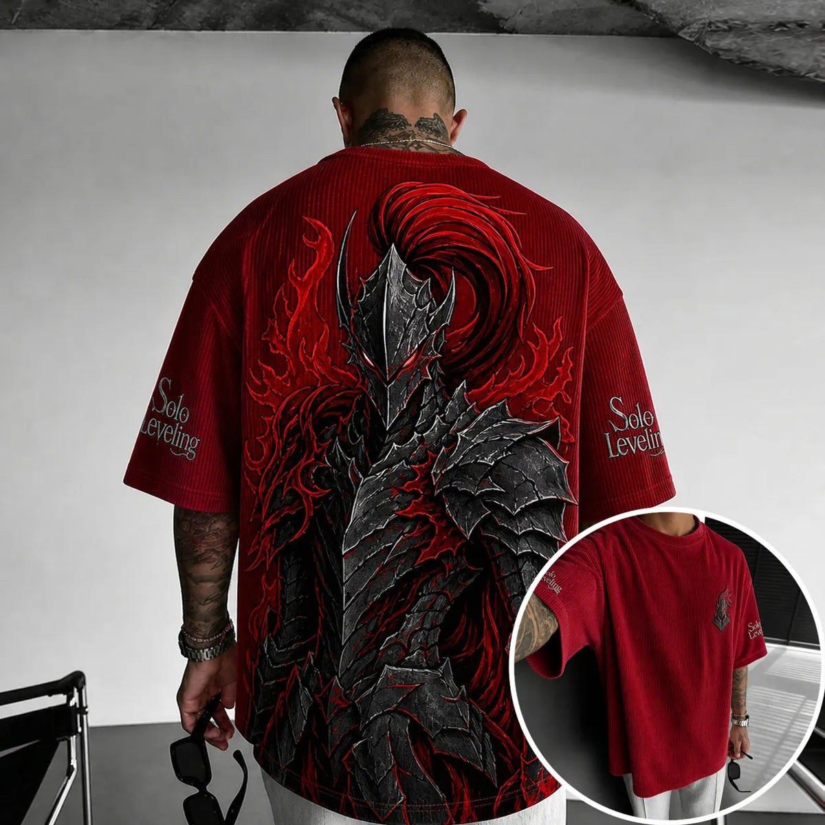 Solo Leveling Unisex Oversized Anime-Print Vertical-Stripe Short-Sleeve T-Shirt