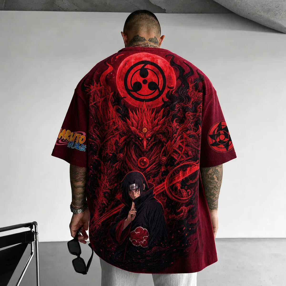 Naruto Unisex Oversized Anime-Print Vertical-Stripe Short-Sleeve T-Shirt