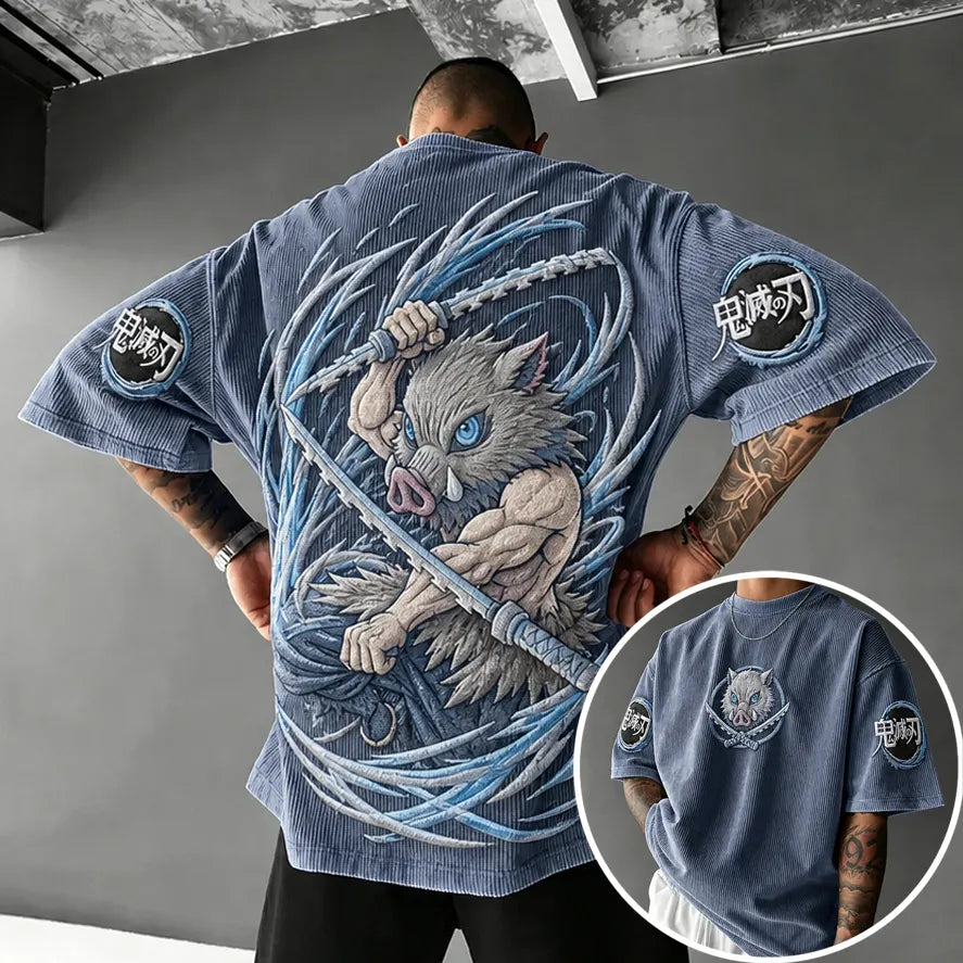 Demon Slayer Unisex Oversized Anime-Print Vertical-Stripe Short-Sleeve T-Shirt