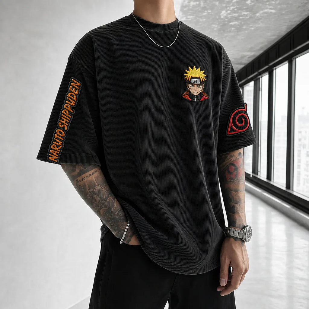 Naruto Unisex Anime-Style Retro Corduroy Oversized T-Shirt