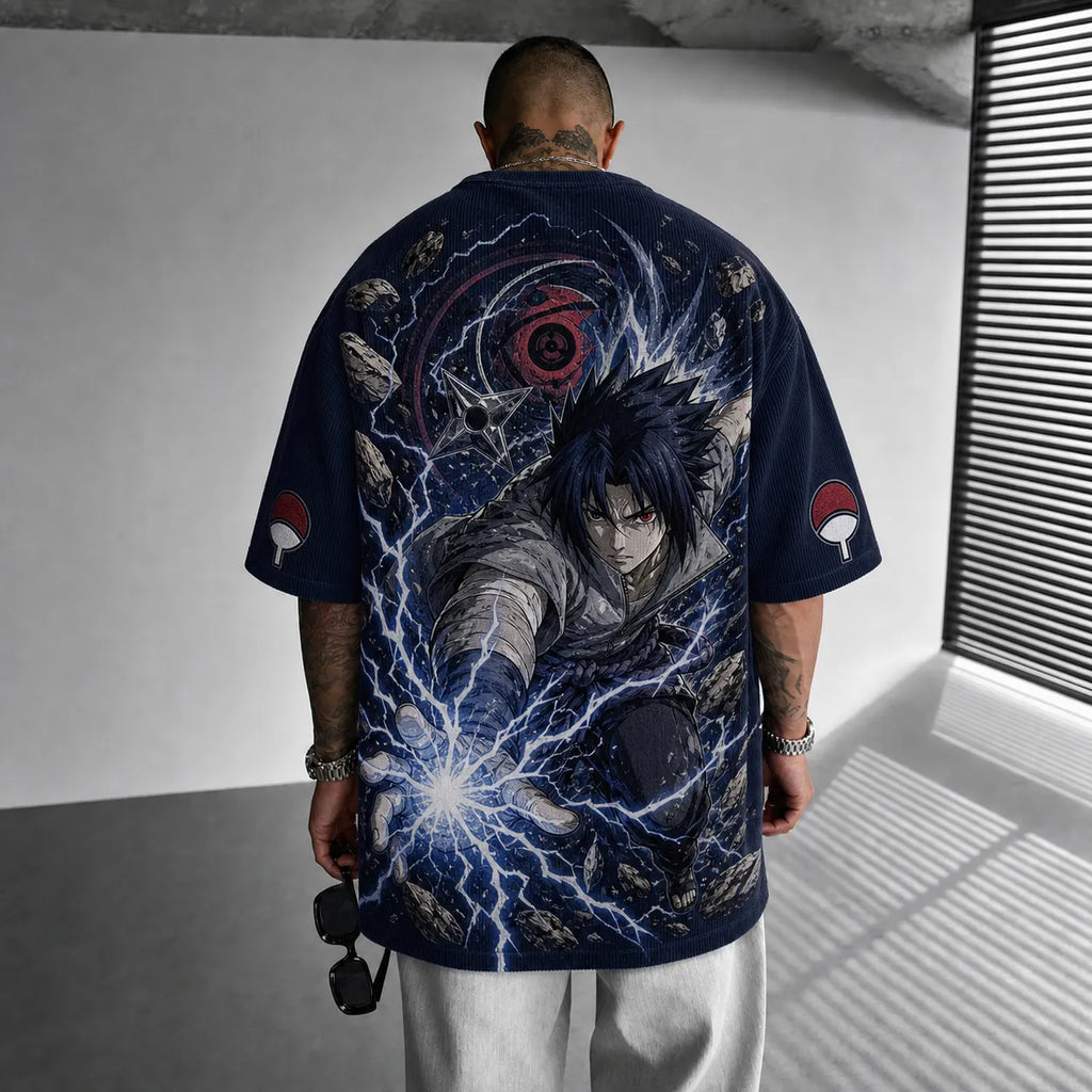 Naruto Unisex Oversized Anime-Print Vertical-Stripe Short-Sleeve T-Shirt