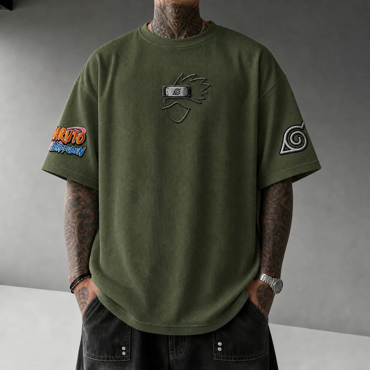 Naruto Unisex Anime-Style Retro Corduroy Oversized T-Shirt