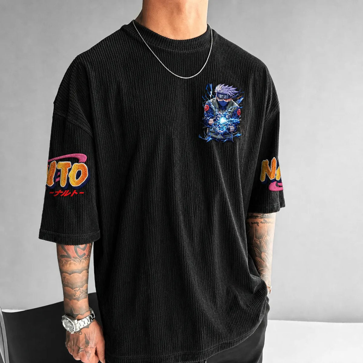 Naruto Unisex Anime-Style Retro Corduroy Oversized T-Shirt