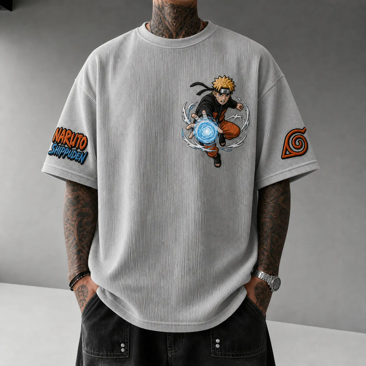 Naruto Unisex Anime-Style Retro Corduroy Oversized T-Shirt