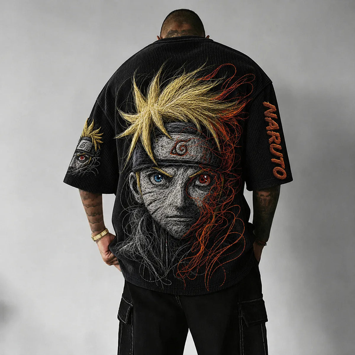 Naruto Unisex Anime-Style Retro Corduroy Oversized T-Shirt