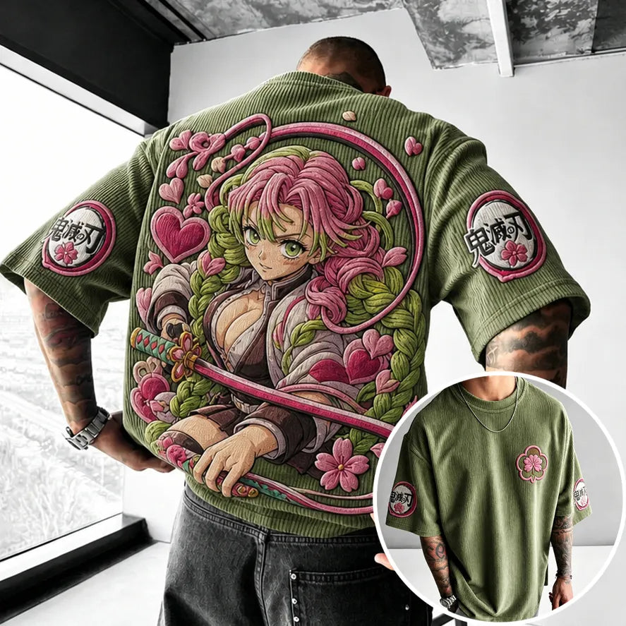 Demon Slayer Unisex Oversized Anime-Print Vertical-Stripe Short-Sleeve T-Shirt