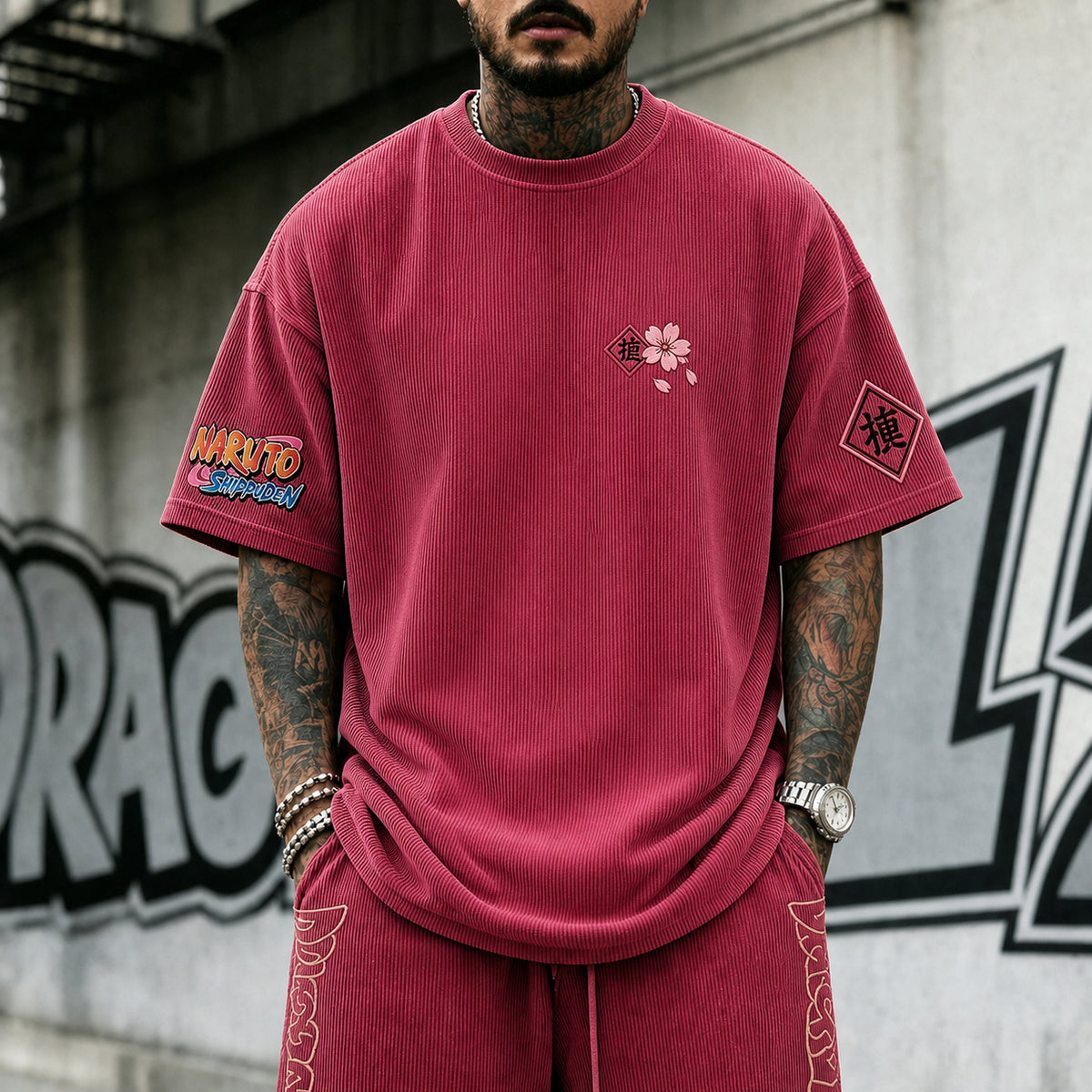 Naruto Unisex Anime-Style Retro Corduroy Oversized T-Shirt
