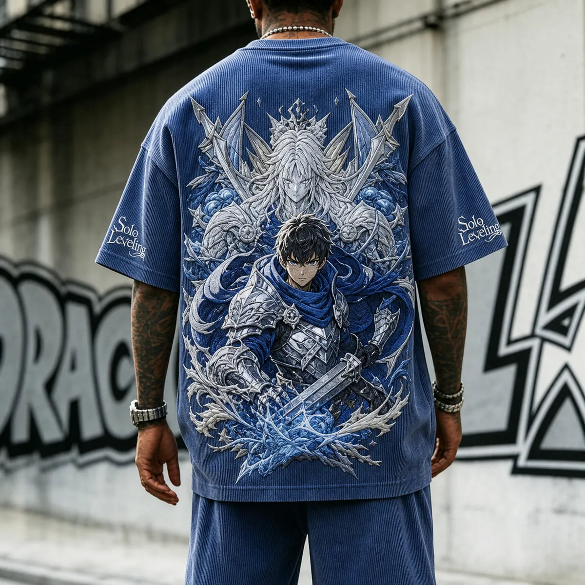 Solo Leveling Unisex Oversized Anime-Print Vertical-Stripe Short-Sleeve T-Shirt