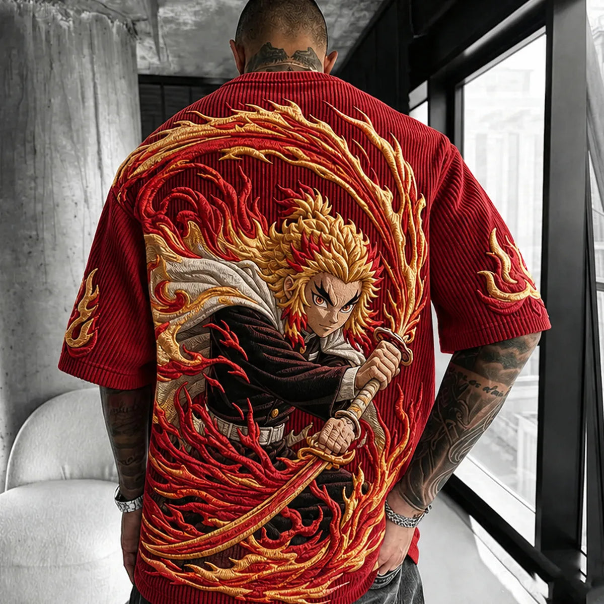 Demon Slayer Unisex Anime-Style Retro Corduroy Oversized T-Shirt