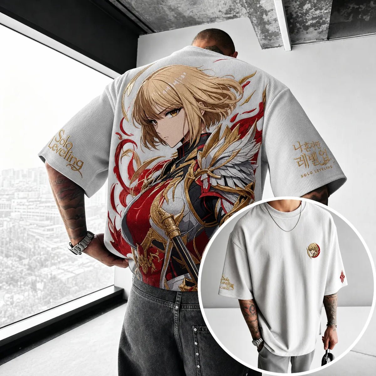 Solo Leveling Unisex Oversized Anime-Print Vertical-Stripe Short-Sleeve T-Shirt