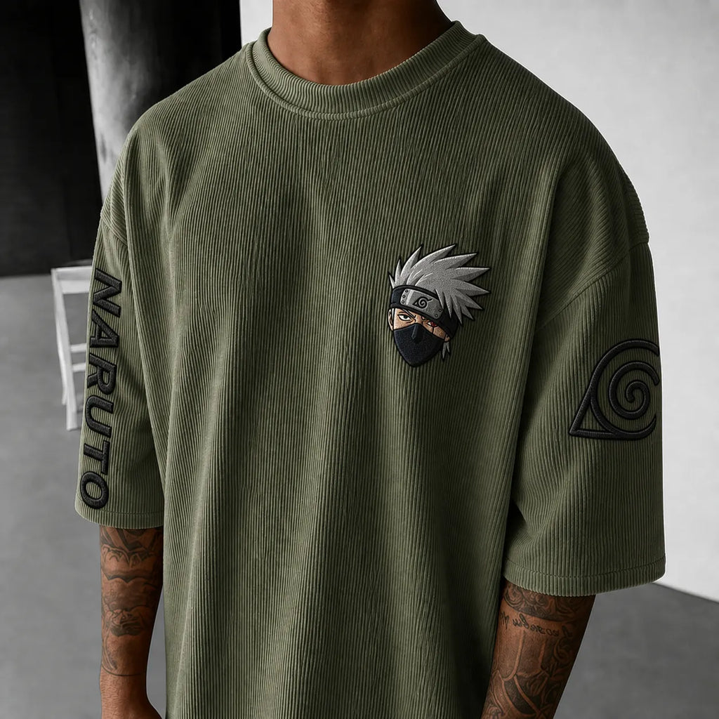 Naruto Unisex Anime-Style Retro Corduroy Oversized T-Shirt