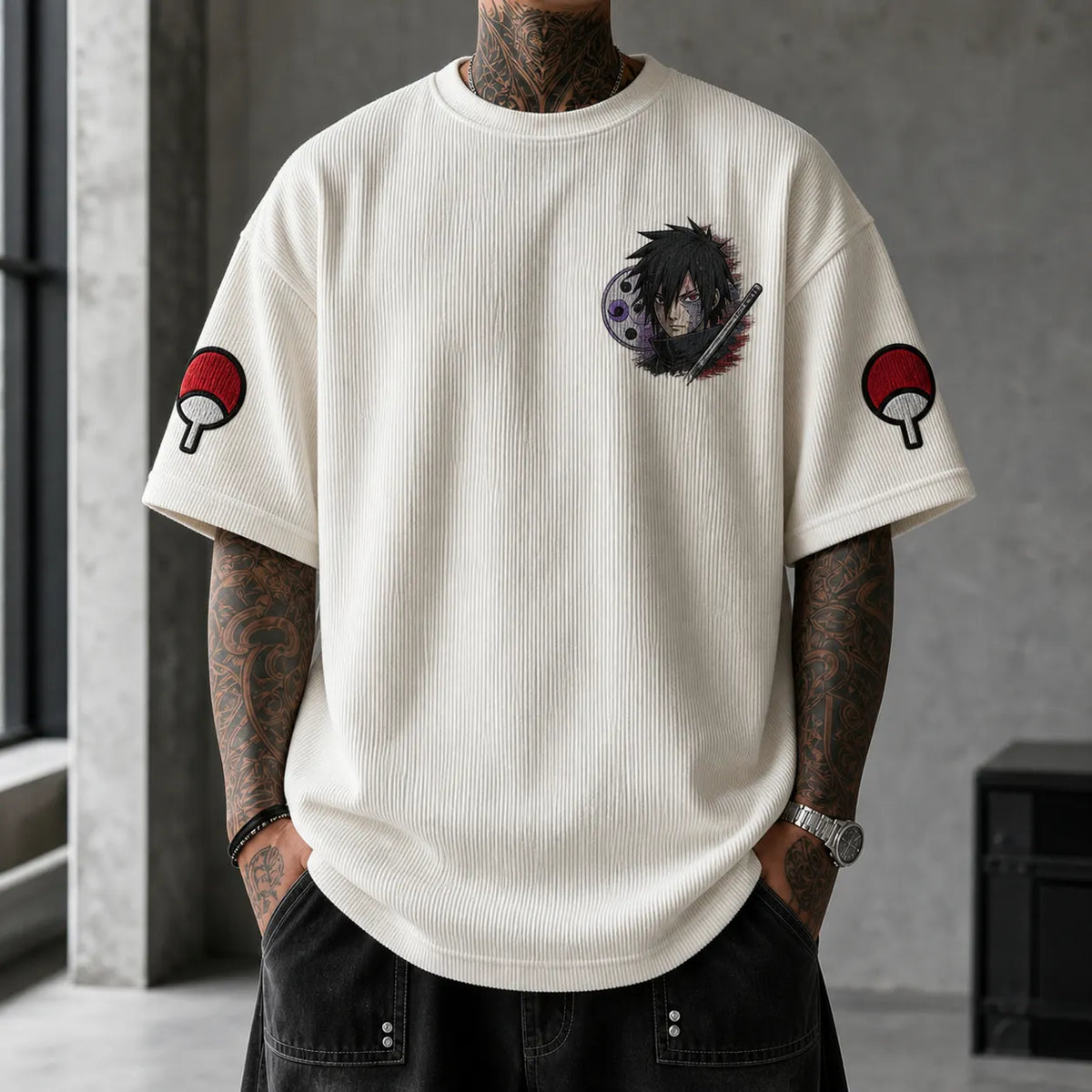 Naruto Unisex Oversized Anime-Print Vertical-Stripe Short-Sleeve T-Shirt