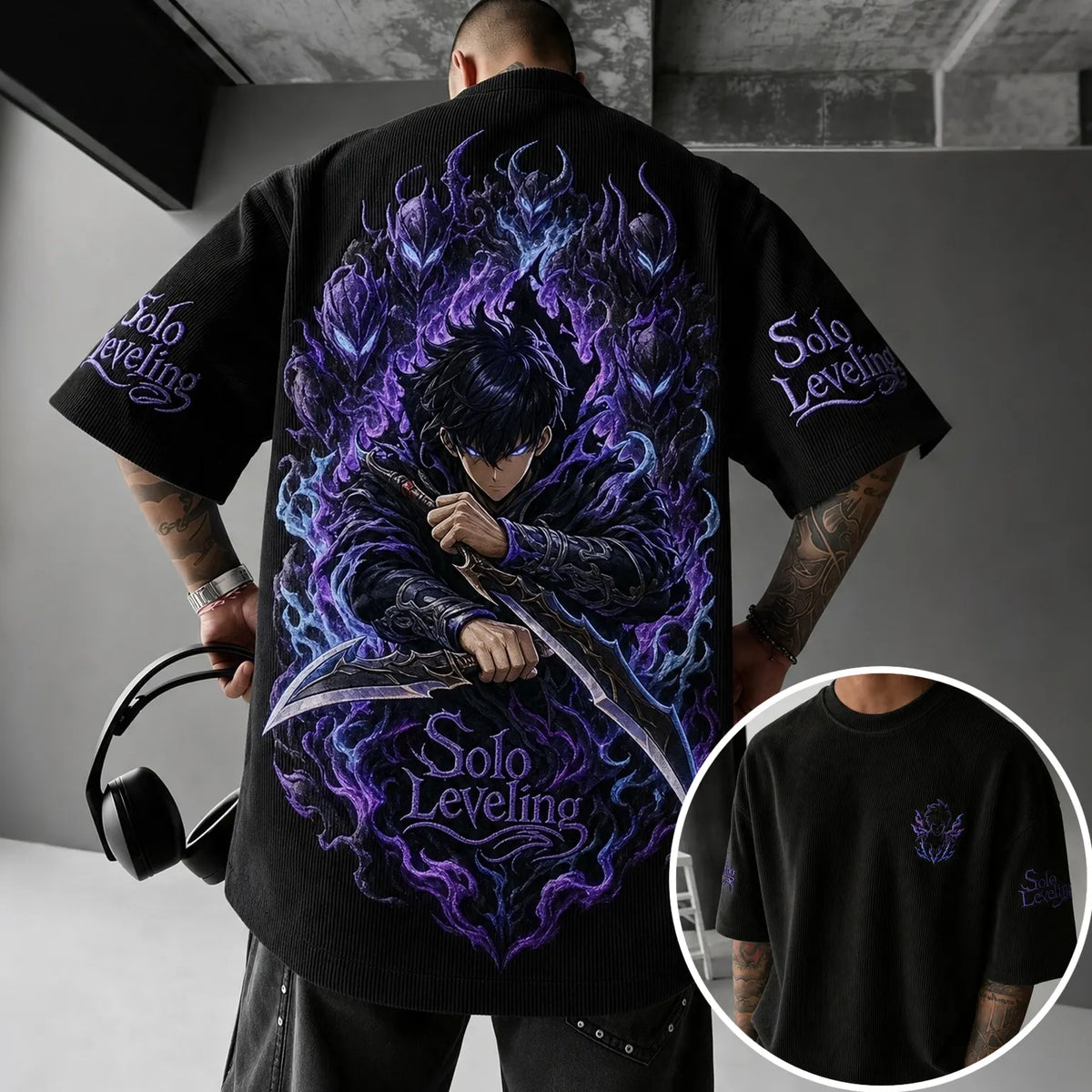 Solo Leveling Unisex Oversized Anime-Print Vertical-Stripe Short-Sleeve T-Shirt