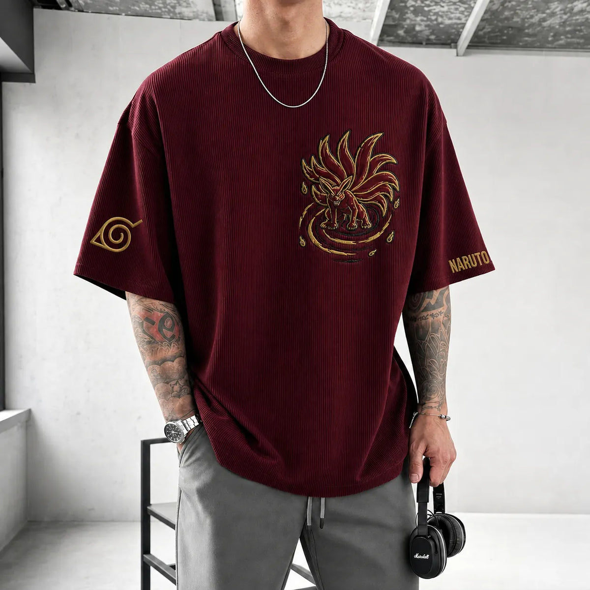 Naruto Unisex Anime-Style Retro Corduroy Oversized T-Shirt