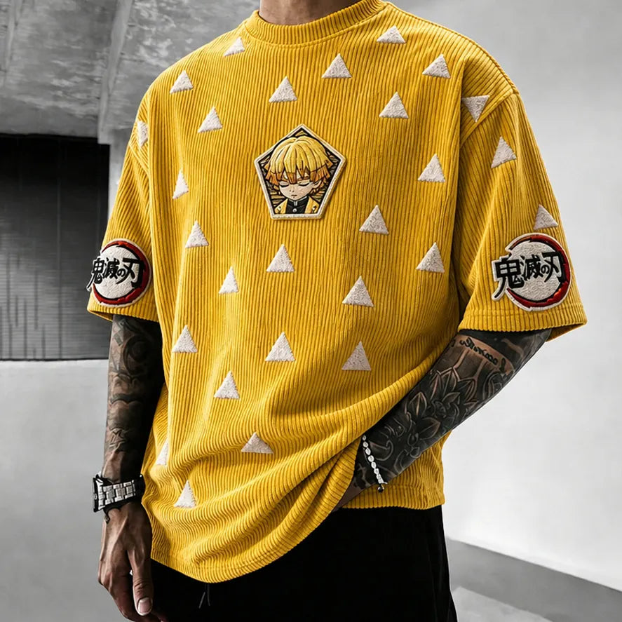 Demon Slayer Unisex Oversized Anime-Print Vertical-Stripe Short-Sleeve T-Shirt