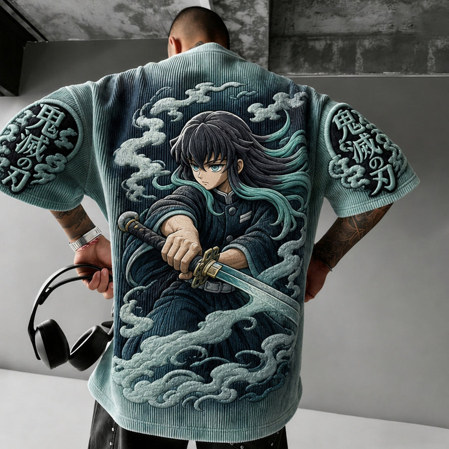 Demon Slayer Unisex Oversized Anime-Print Vertical-Stripe Short-Sleeve T-Shirt