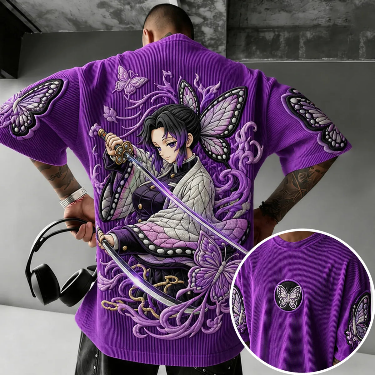 Demon Slayer Unisex Anime-Style Retro Corduroy Oversized T-Shirt