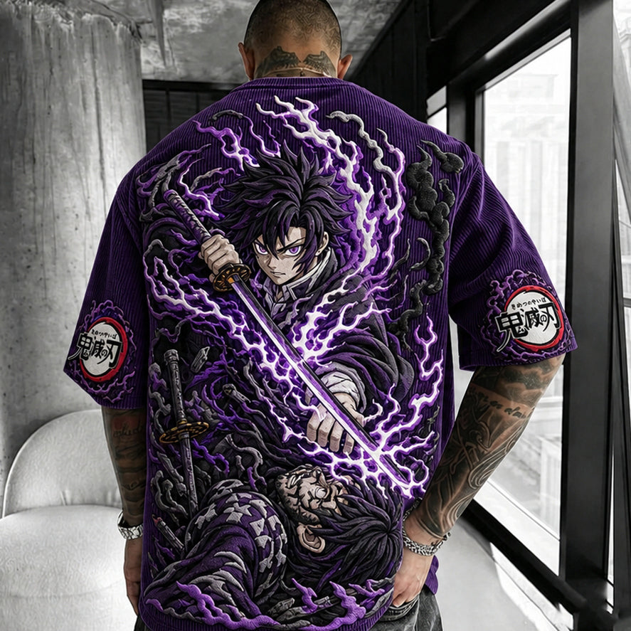Demon Slayer Unisex Oversized Anime-Print Vertical-Stripe Short-Sleeve T-Shirt