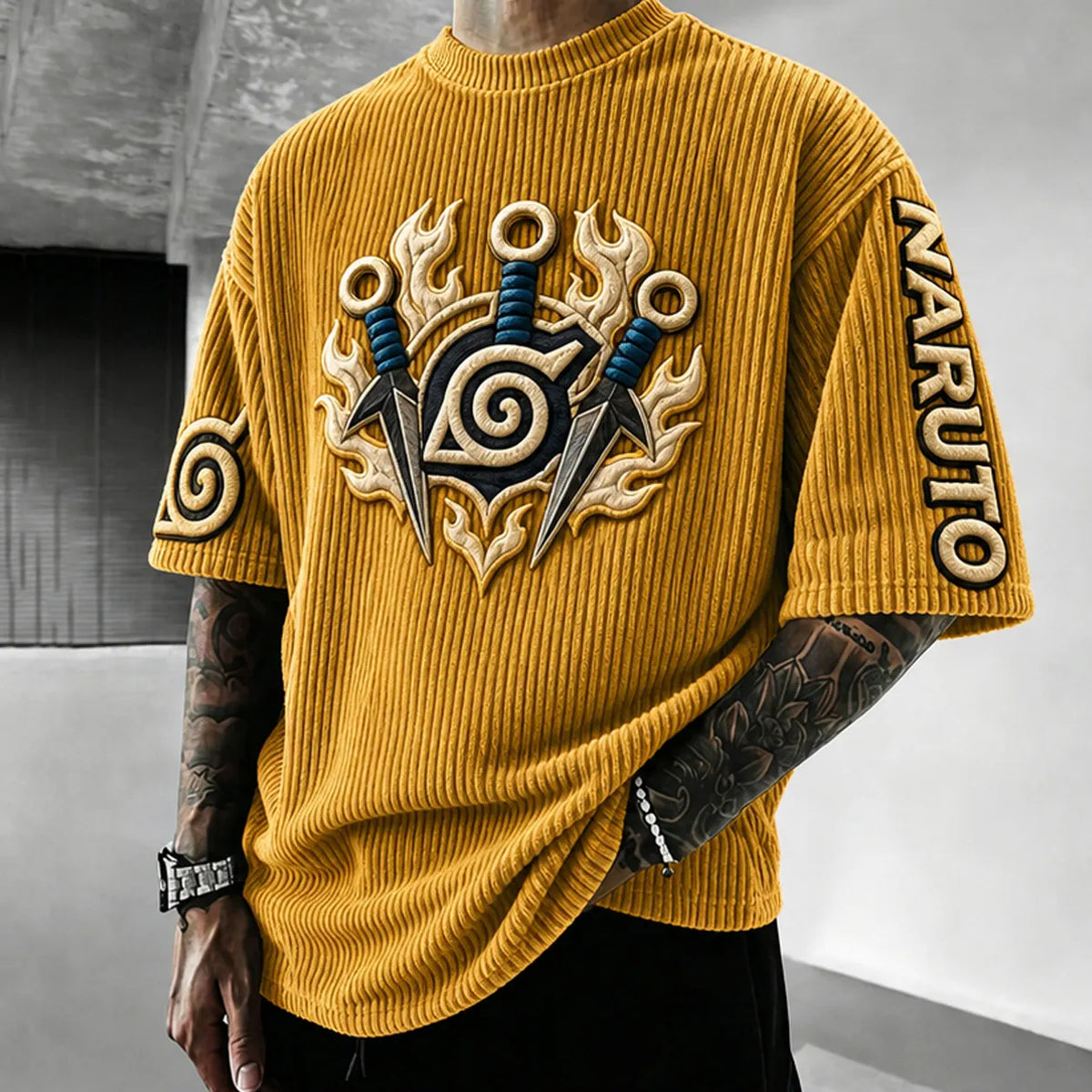 Naruto Unisex Anime-Style Retro Corduroy Oversized T-Shirt