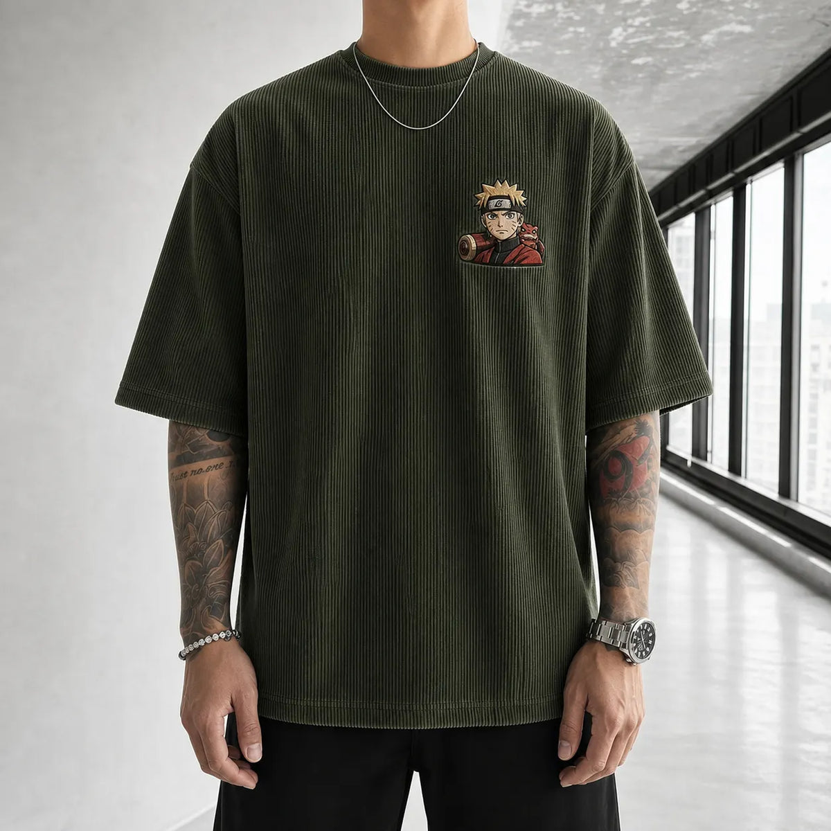 Naruto Unisex Oversized Anime-Print Vertical-Stripe Short-Sleeve T-Shirt