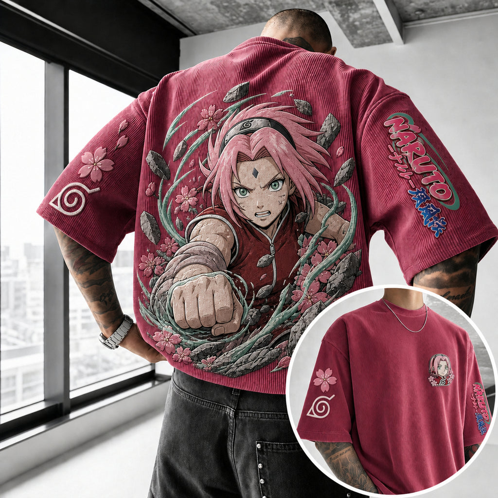 Naruto Unisex Anime-Style Retro Corduroy Oversized T-Shirt