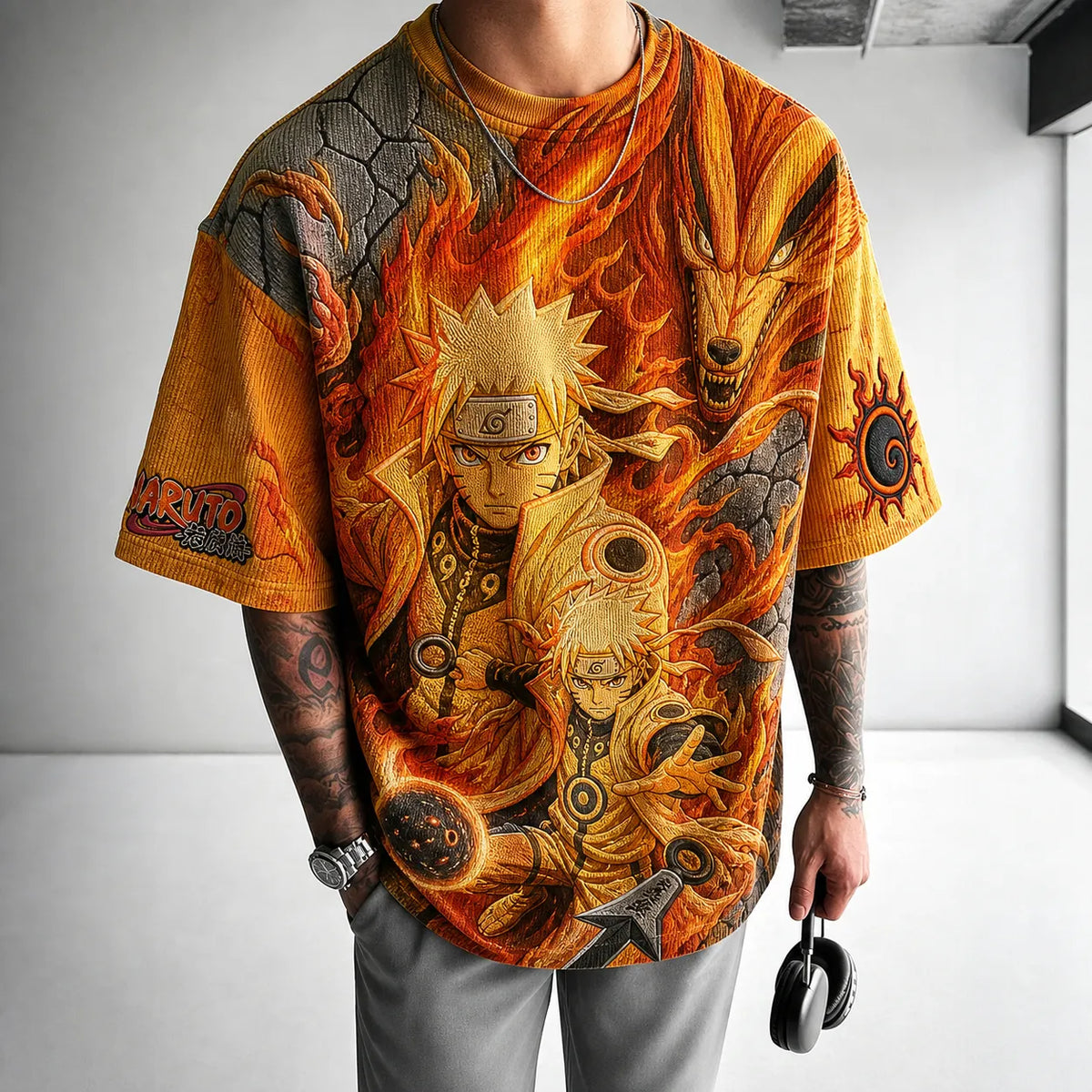 Naruto Unisex Oversized Anime-Print Vertical-Stripe Short-Sleeve T-Shirt