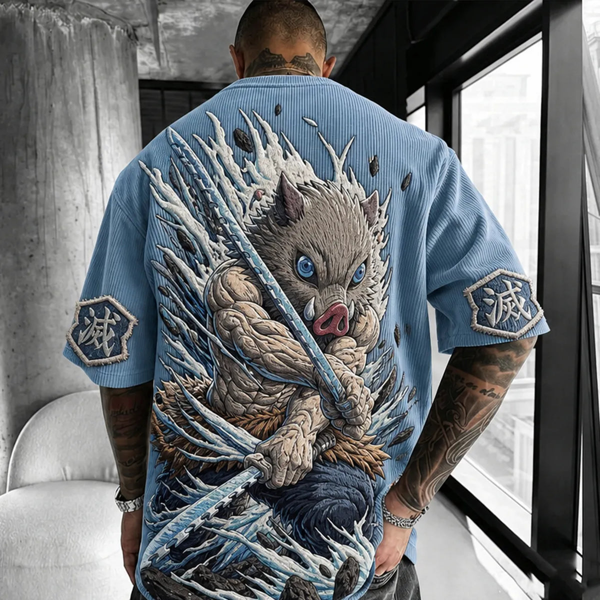 Demon Slayer Unisex Anime-Style Retro Corduroy Oversized T-Shirt