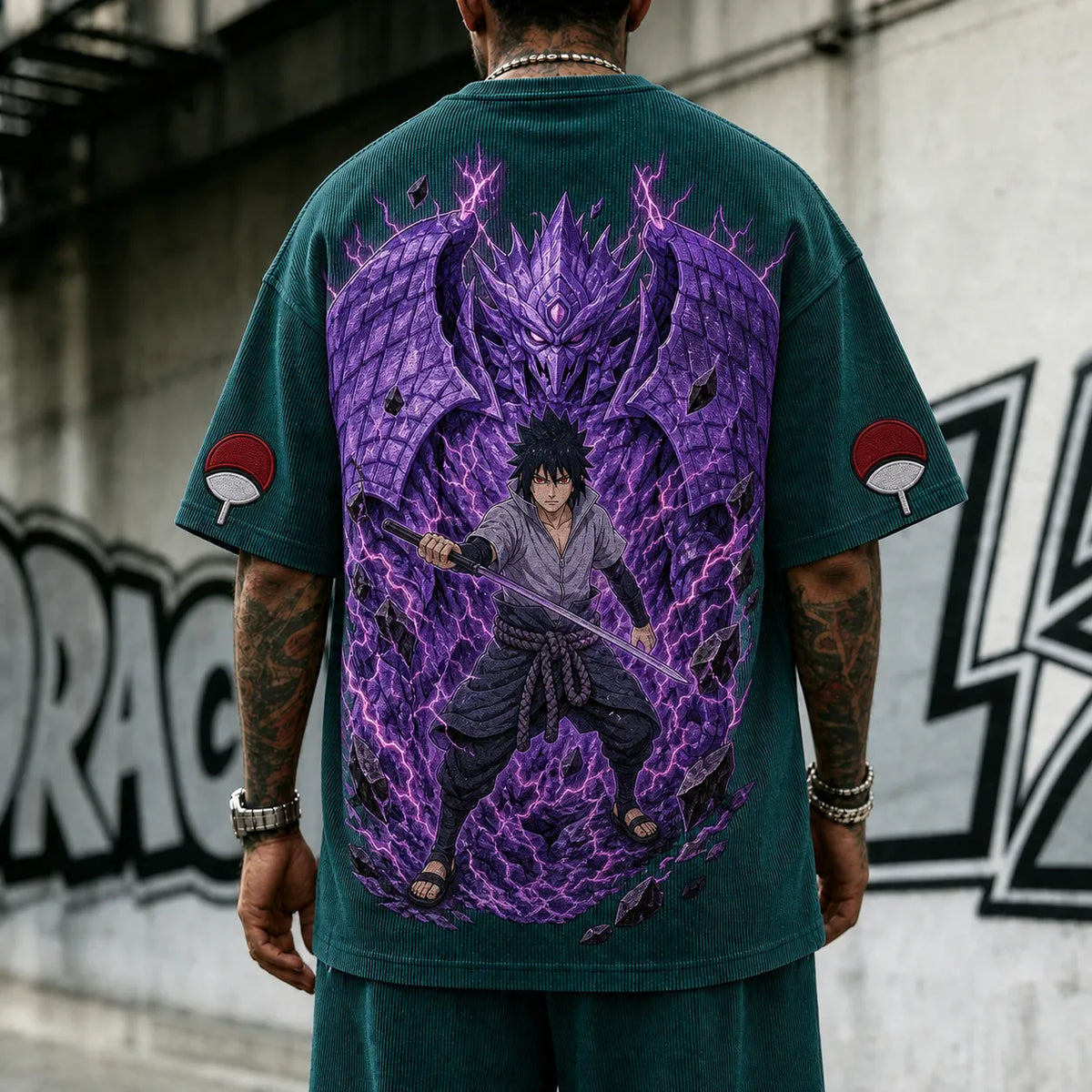Naruto Unisex Oversized Anime-Print Vertical-Stripe Short-Sleeve T-Shirt