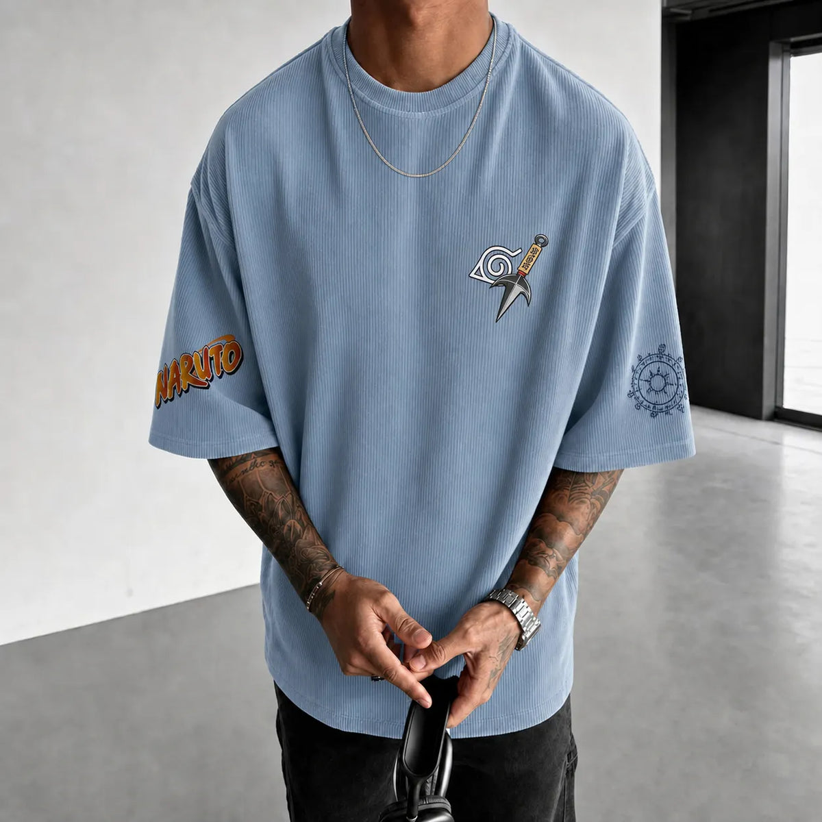 Naruto Unisex Anime-Style Retro Corduroy Oversized T-Shirt