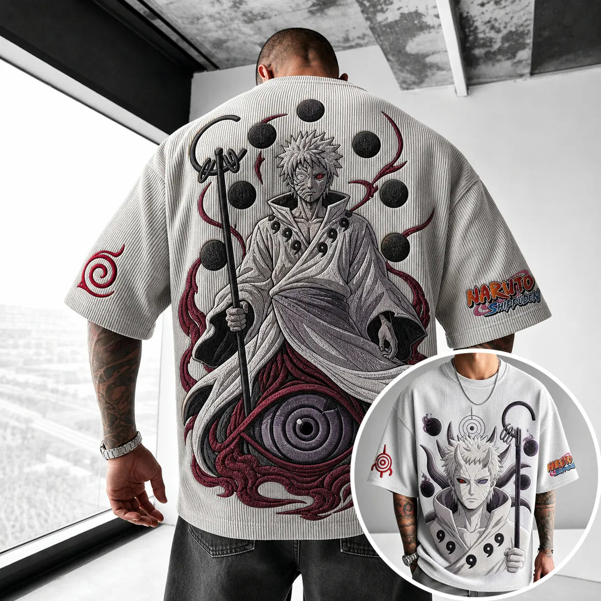 Naruto Unisex Oversized Anime-Print Vertical-Stripe Short-Sleeve T-Shirt