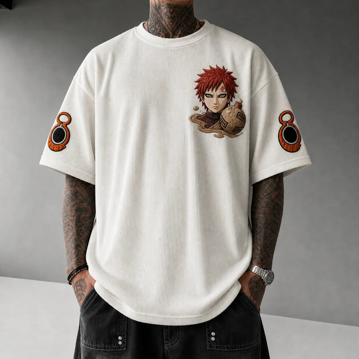 Naruto Unisex Oversized Anime-Print Vertical-Stripe Short-Sleeve T-Shirt