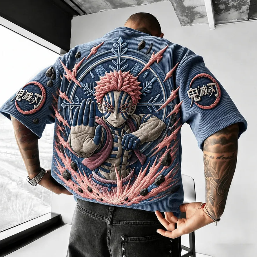 Demon Slayer Unisex Oversized Anime-Print Vertical-Stripe Short-Sleeve T-Shirt
