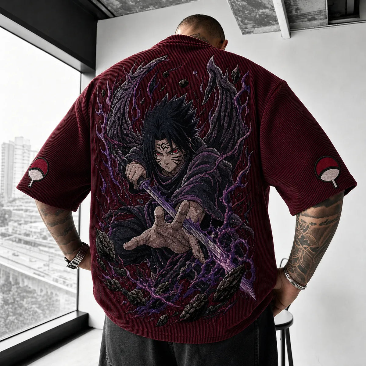 Naruto Unisex Oversized Anime-Print Vertical-Stripe Short-Sleeve T-Shirt