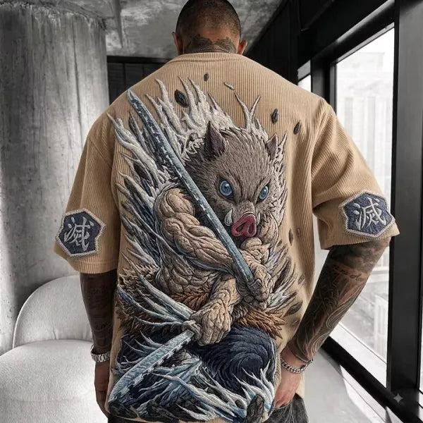 Demon Slayer Unisex Anime-Style Retro Corduroy Oversized T-Shirt