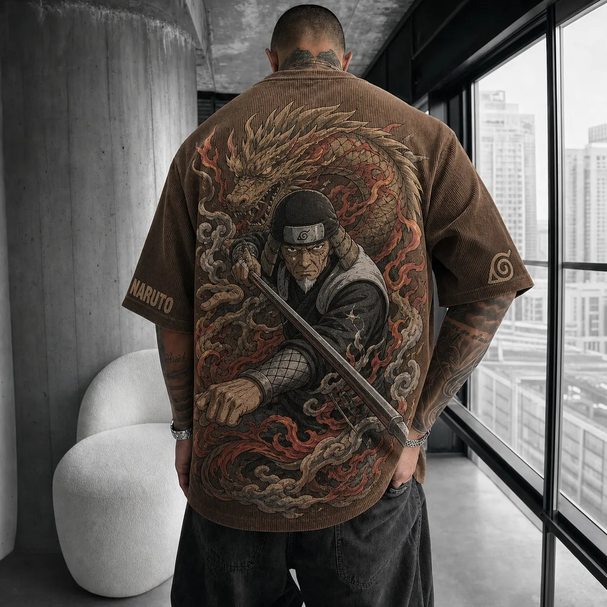 Naruto Unisex Anime-Style Retro Corduroy Oversized T-Shirt