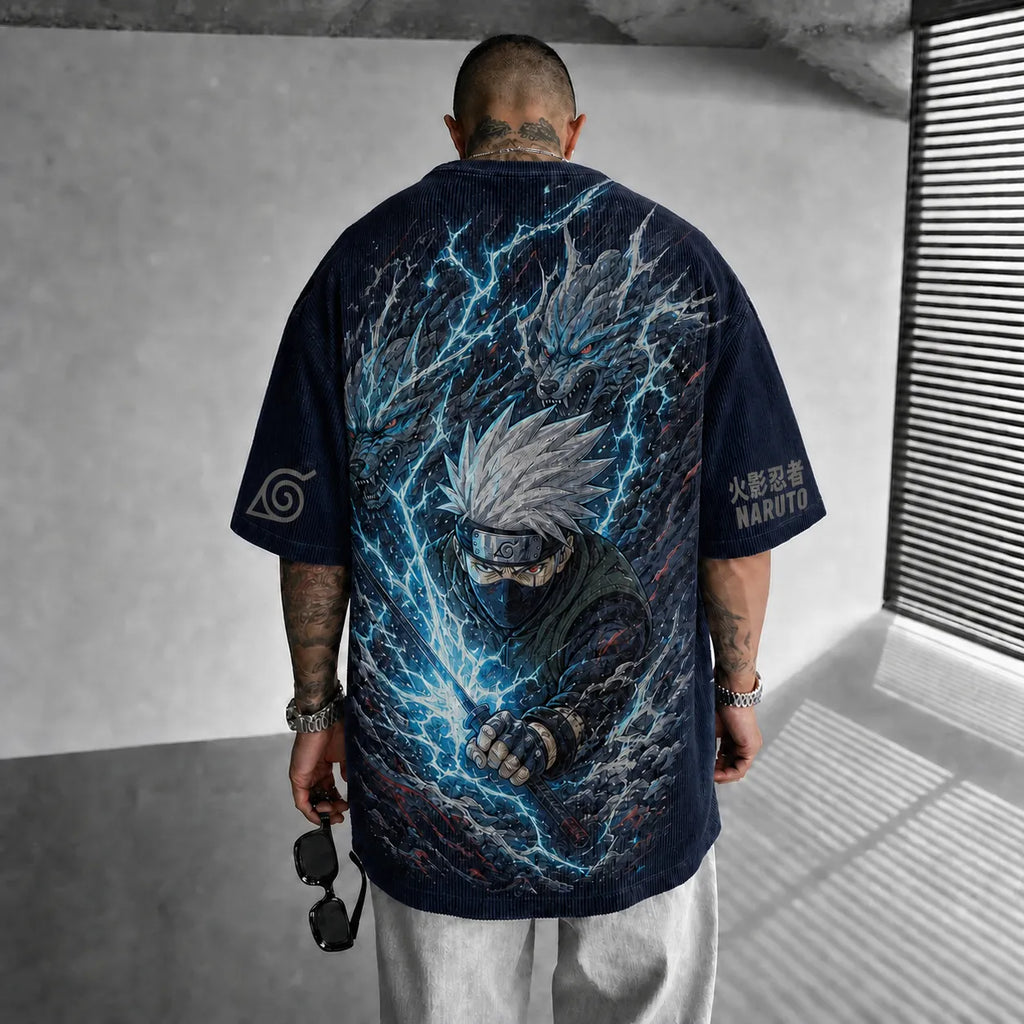 Naruto Unisex Anime-Style Retro Corduroy Oversized T-Shirt