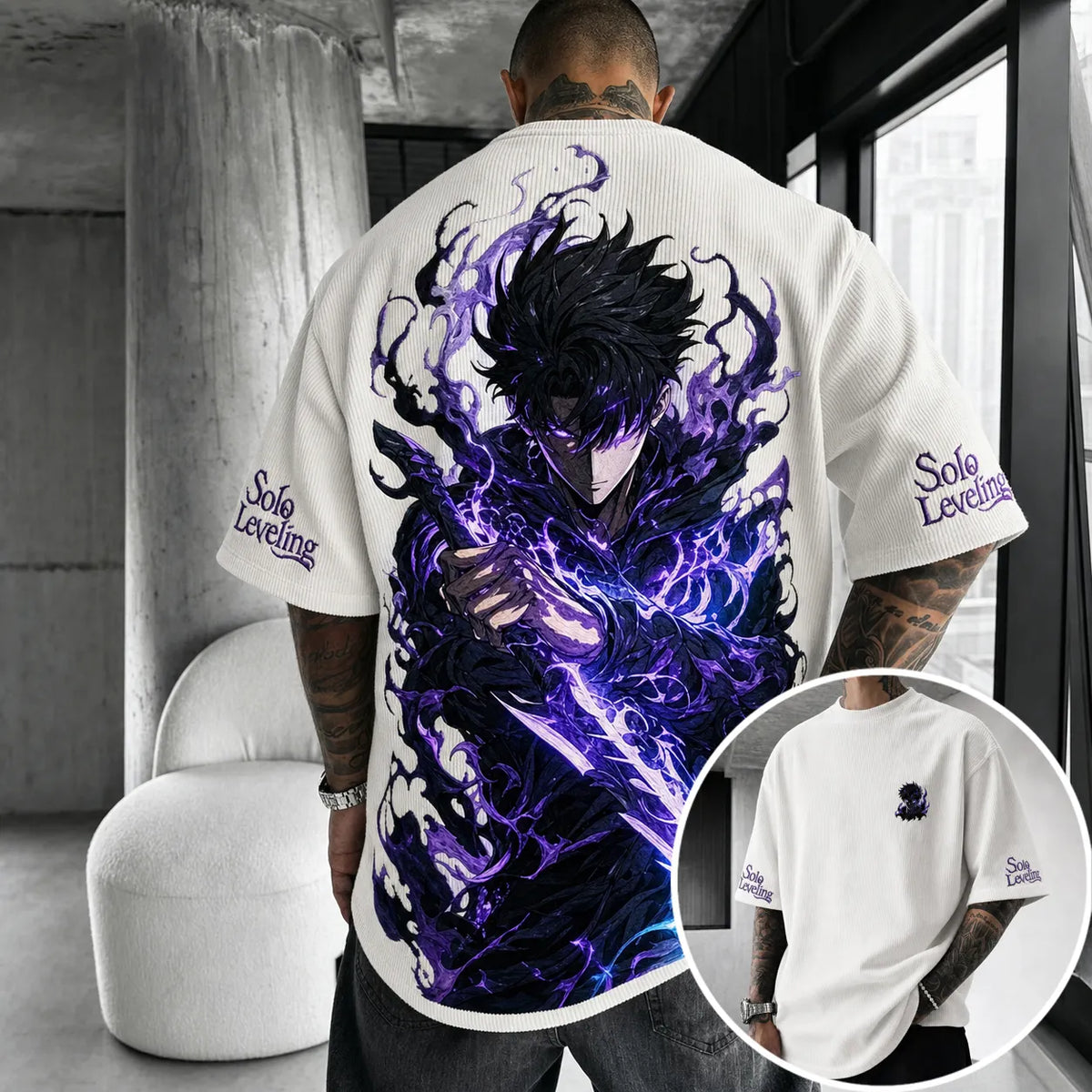 Solo Leveling Unisex Oversized Anime-Print Vertical-Stripe Short-Sleeve T-Shirt