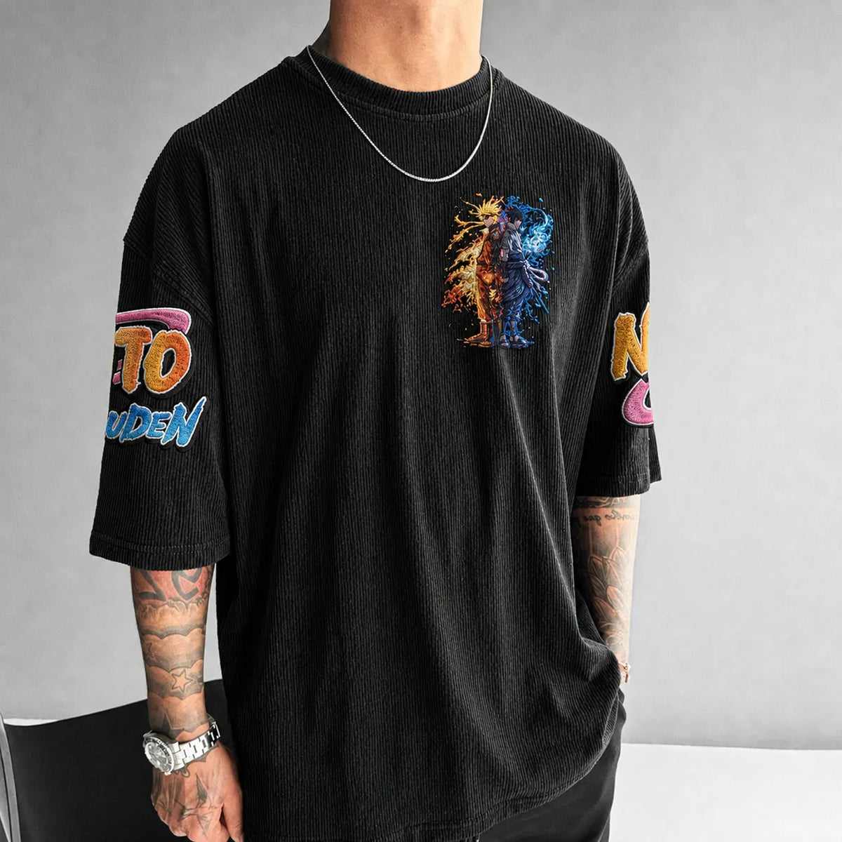 Naruto Unisex Anime-Style Retro Corduroy Oversized T-Shirt