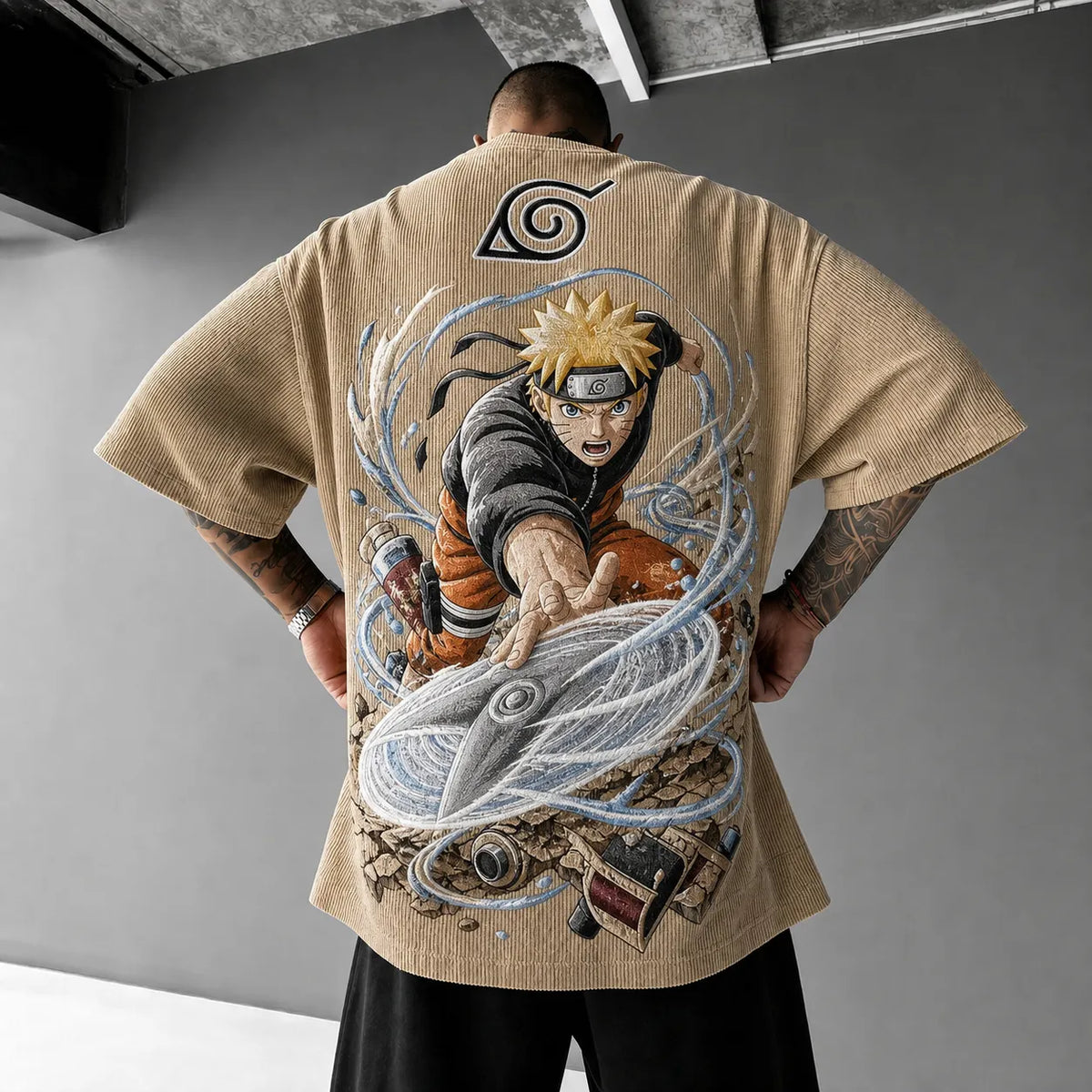 Naruto Unisex Oversized Anime-Print Vertical-Stripe Short-Sleeve T-Shirt