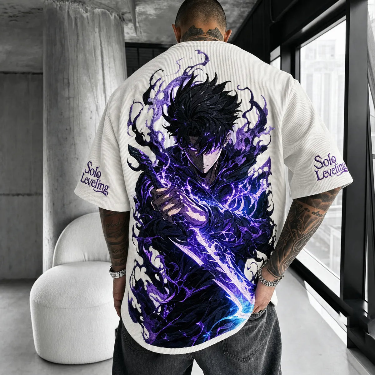 Solo Leveling Unisex Oversized Anime-Print Vertical-Stripe Short-Sleeve T-Shirt