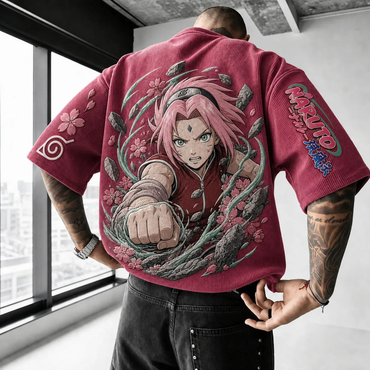 Naruto Unisex Anime-Style Retro Corduroy Oversized T-Shirt