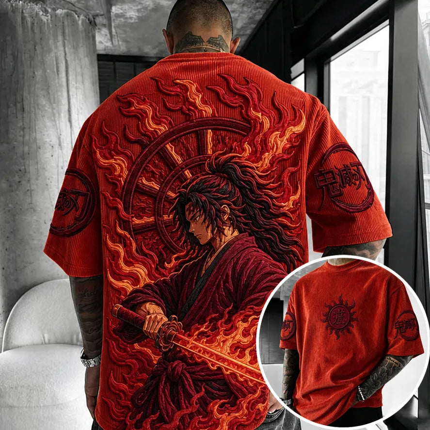 Demon Slayer Unisex Oversized Anime-Print Vertical-Stripe Short-Sleeve T-Shirt