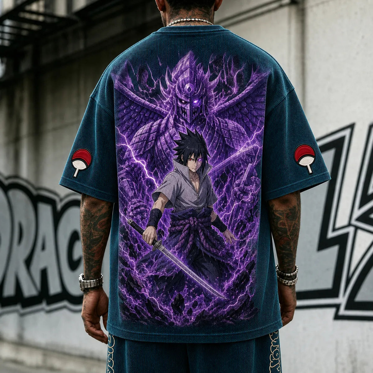 Naruto Unisex Oversized Anime-Print Vertical-Stripe Short-Sleeve T-Shirt