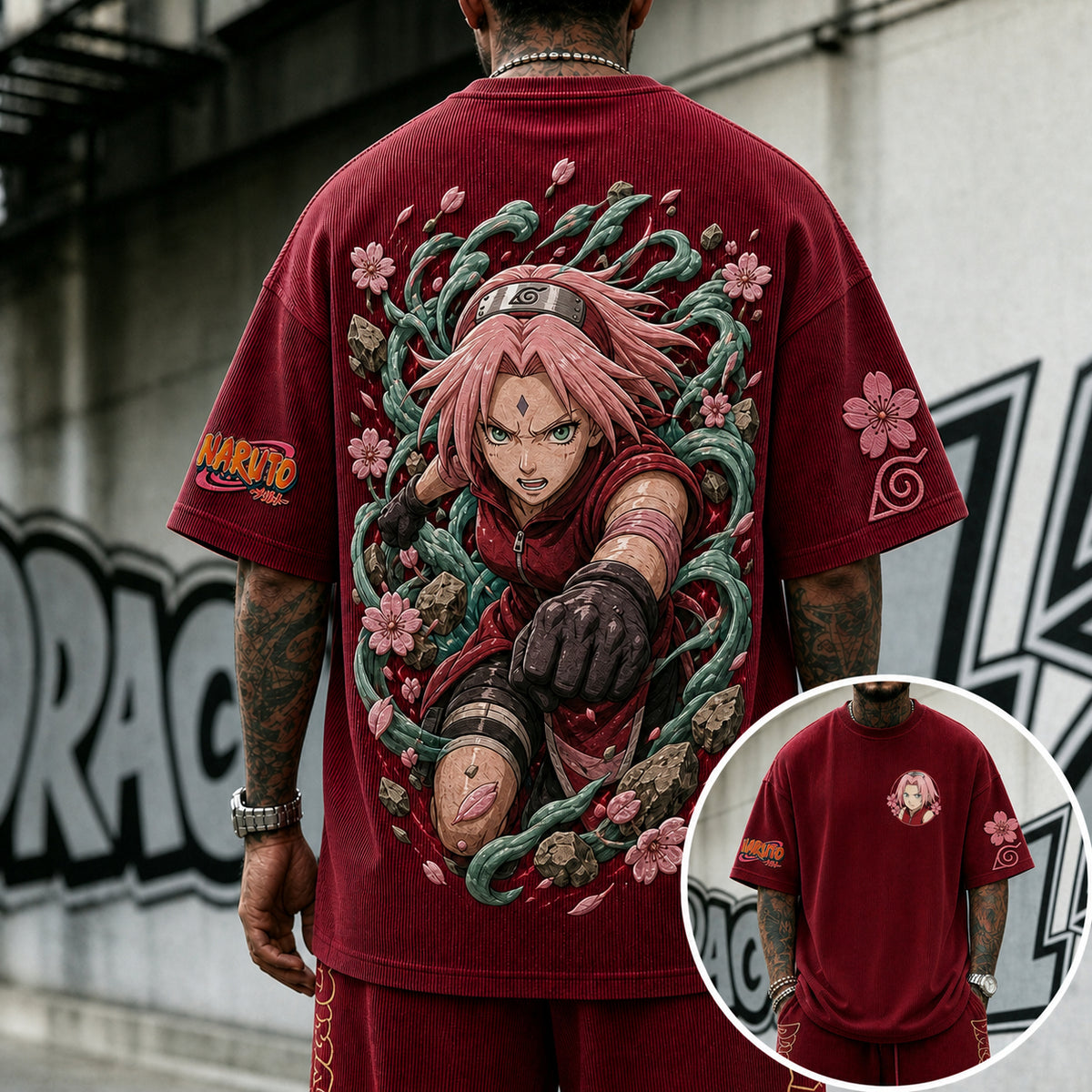 Naruto Unisex Anime-Style Retro Corduroy Oversized T-Shirt
